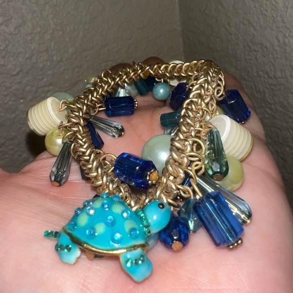 Anthro vibes charm bracelet with sea glass beads and turquoise turtle - Picture 3 of 3